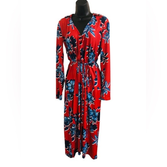 Zara red & blue floral v-neck button front belted‎ midi dress size small new - Picture 11 of 16